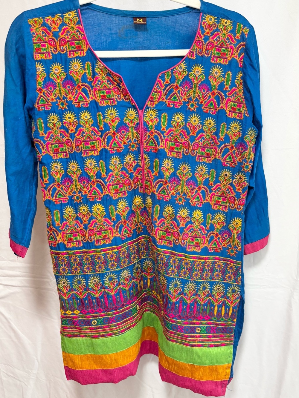 Embroidered Blue Cotton Tunic Top with Bright Multicolor Accents
